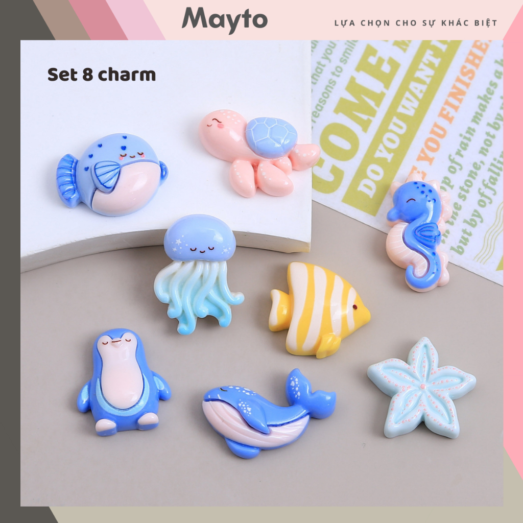 Bộ 8 Sticker, Charm 3D chủ đề Sứa xanh nhựa cứng gắn Dép Cross, Dép Sục ...