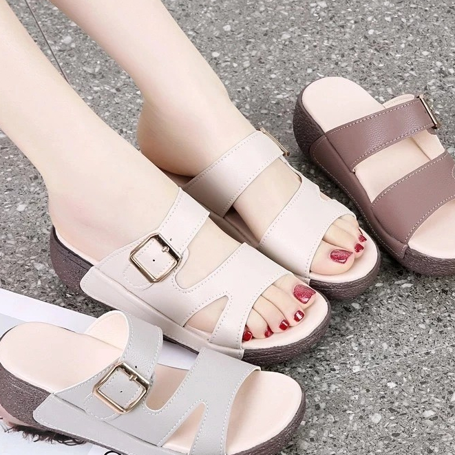 Dép đế xuồng nữ da thật KHUY CẠNH 5cm chống thấm nước – tôn dáng sang chảnh, siêu êm chân