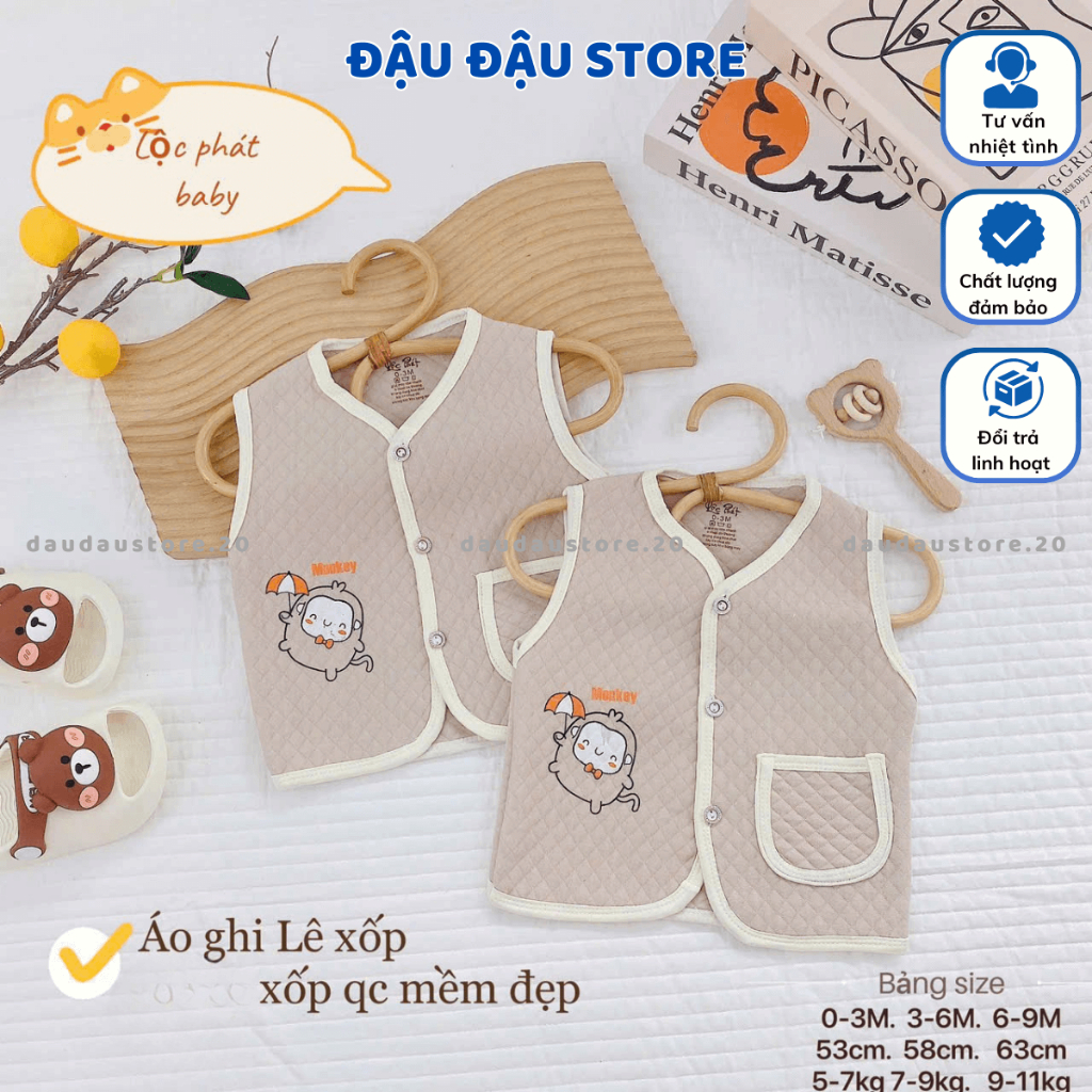 [Loại Đẹp] Set 2-3 Áo Gile Xốp Trần Bông Quảng Châu Thu Đông Cúc Giữa cho bé trai bé gái 5-11kg  AXOP03 Đậu Đậu Store