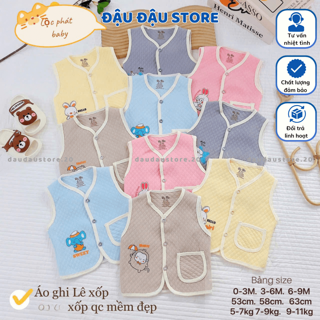 [Loại Đẹp] Set 2-3 Áo Gile Xốp Trần Bông Quảng Châu Thu Đông Cúc Giữa cho bé trai bé gái 5-11kg  AXOP03 Đậu Đậu Store
