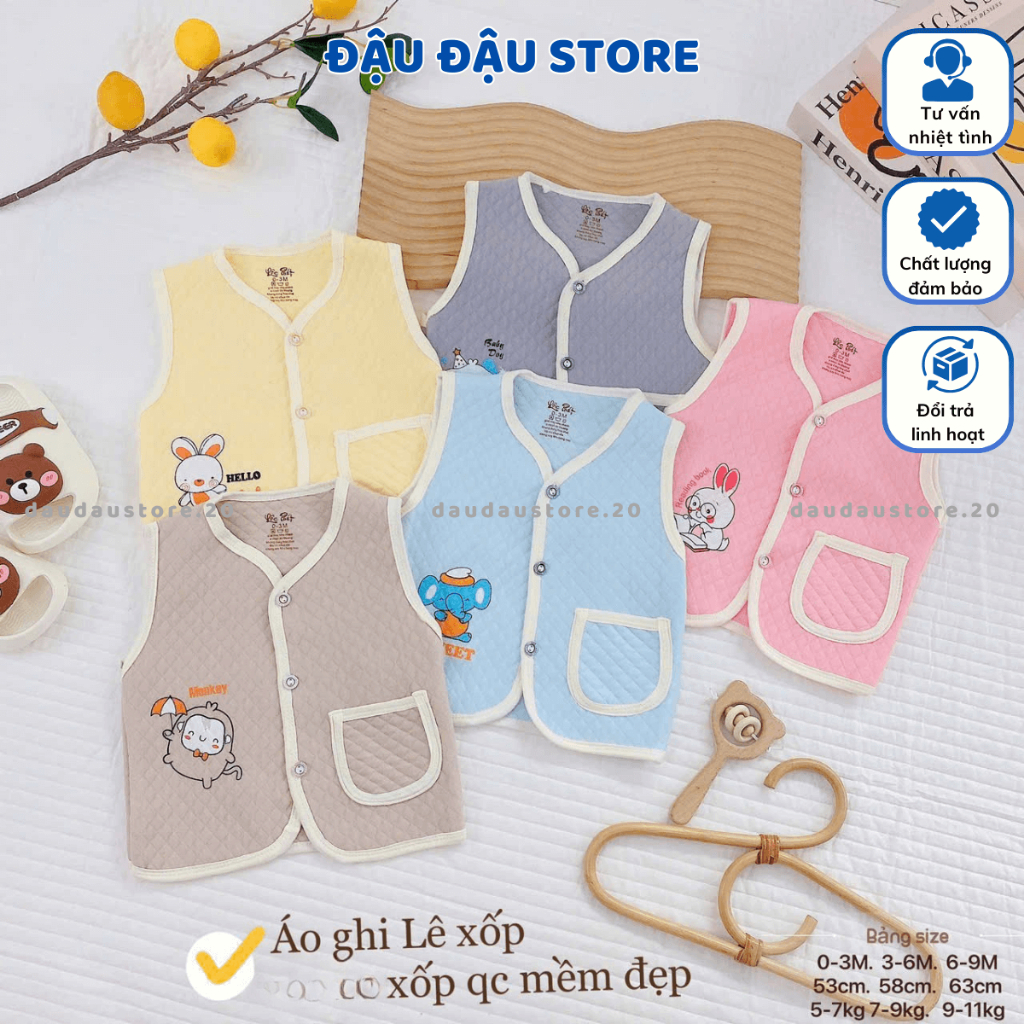 [Loại Đẹp] Set 2-3 Áo Gile Xốp Trần Bông Quảng Châu Thu Đông Cúc Giữa cho bé trai bé gái 5-11kg  AXOP03 Đậu Đậu Store