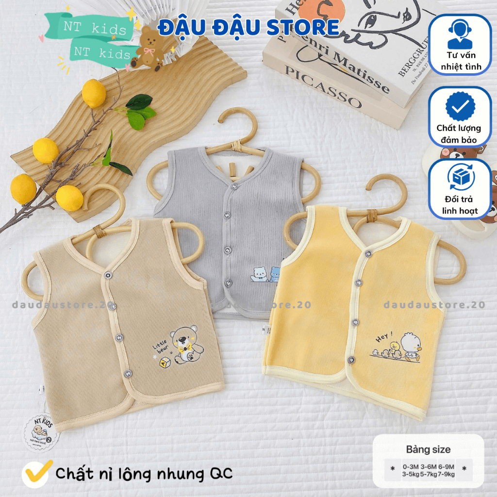 [Gile Nỉ Nhung] Set 2-3 Áo Gile Nỉ Lông Nhung Sơ Sinh QC Thu Đông Cúc Giữa cho bé trai bé gái 5-11kg GLE01 Đậu Đậu Store