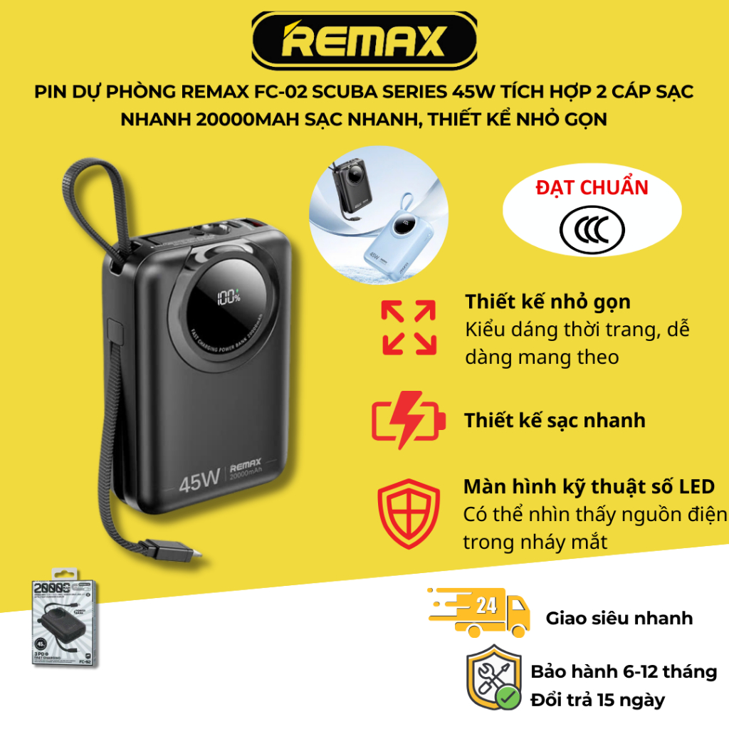 Pin dự phòng Remax FC-02 Scuba series 45w tích hợp 2 cáp sạc nhanh ...
