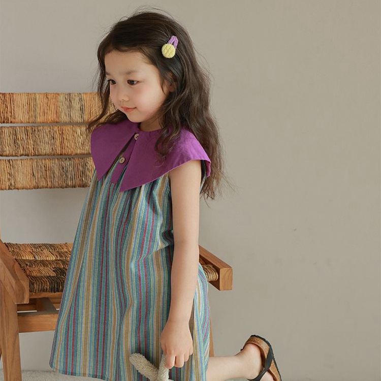 Váy Cho Bé Gái HANIA KIDS Sát Nách Kẻ Sọc Dáng Suông Phối Cổ Sen Tím Chất Liệu Mềm Mại