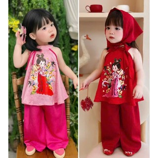 Sét Yếm 2 Dây Cho Bé Gái Mặc Tết Đi Chơi Trung Thu , Bộ Yếm Cho Bé Gái In Hình Chất Gấm Đẹp  BB07 BB08 - BEEKIDS
