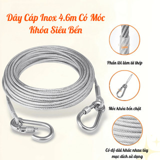 Dây Cáp Inox 4.6M Có Khóa Carabiner 2 Đầu | Dây Thép Bọc PVC 5mm Treo Đèn Căng Rèm Ngoài Trời