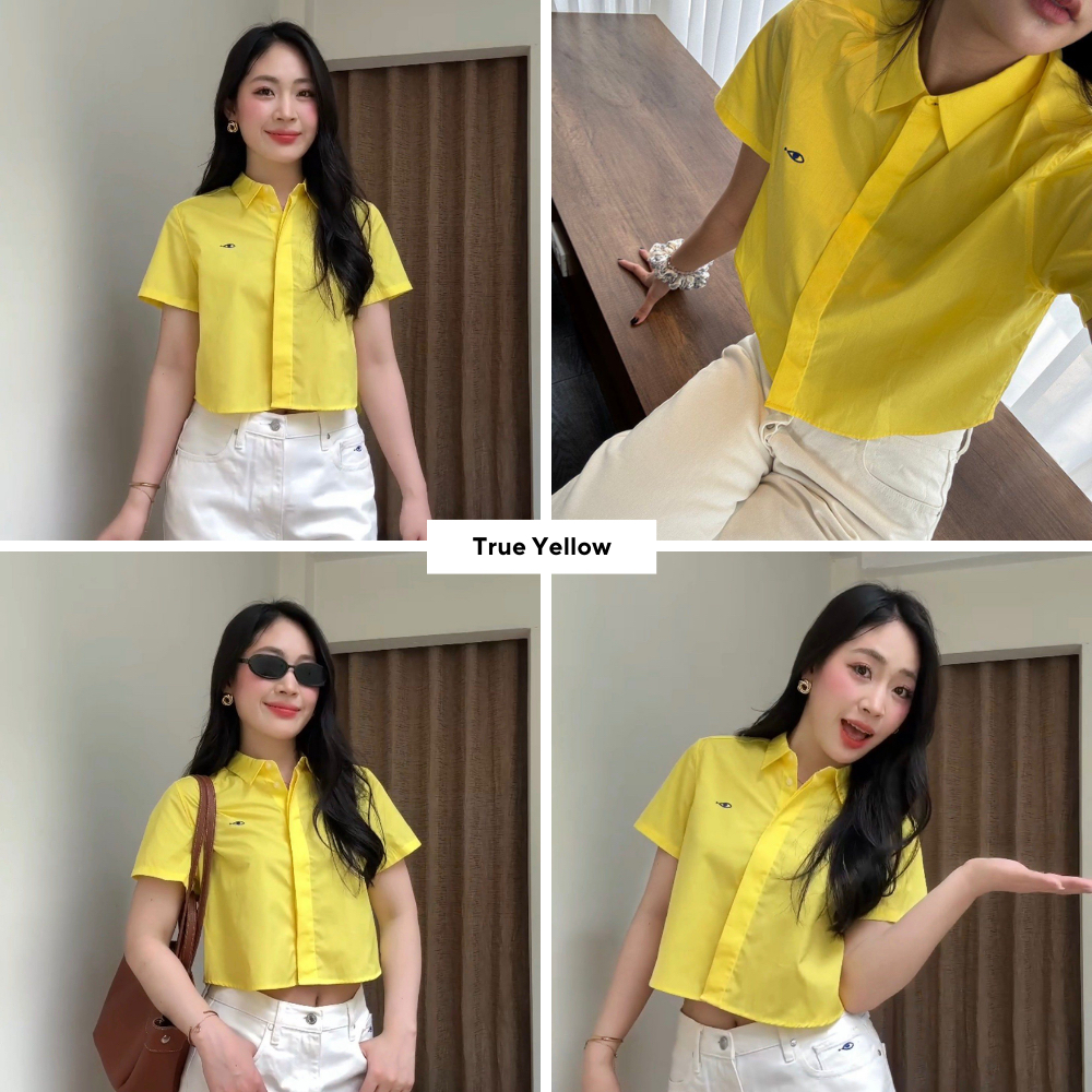 TheBlueTshirt - Áo sơ mi croptop trơn tay ngắn nhiều màu cho nữ - Poplin Boxy Shirt - Women