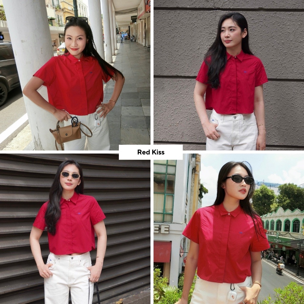 TheBlueTshirt - Áo sơ mi croptop trơn tay ngắn nhiều màu cho nữ - Poplin Boxy Shirt - Women