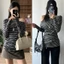 Áo dài tay trễ vai kẻ ngang đen ghi cơ bản chất thun dày dặn co giãn ATV022 - Tiktik