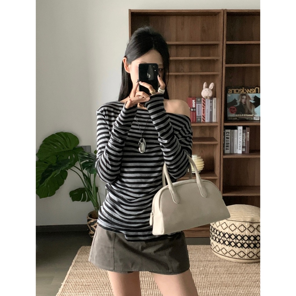 (sẵn)Áo dài tay trễ vai kẻ ngang đen ghi cơ bản chất thun dày dặn co giãn ATV022 - Tiktik