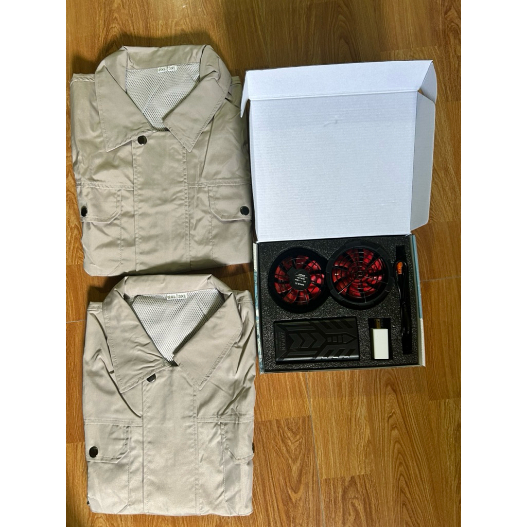 [Japan ViệtNhật] Combo 2 áo điều hoà Cotton pha Gió và 1 bộ phụ kiện pin quạt đầy đủ