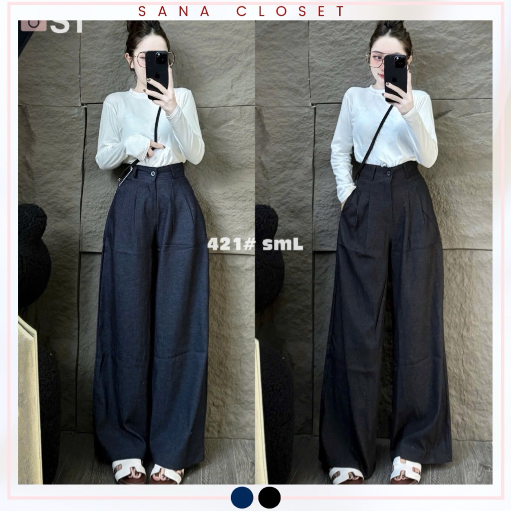 Quần Jeans Lạnh Ống Rộng From Suông Eo Cao Chất Vải Mềm Chống Nhăn Basic Hàn Quốc SANA CLOSET