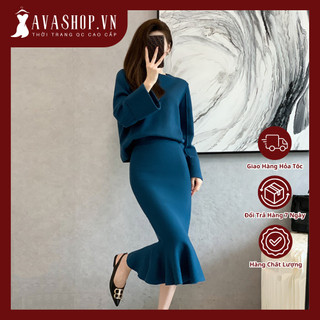 Set Đầm Len Dệt Kim Phối Áo + Chân Váy Midi Đuôi Cá Thời Trang AL112