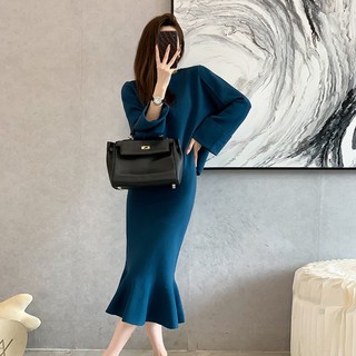 Set Đầm Len Dệt Kim Phối Áo + Chân Váy Midi Đuôi Cá Thời Trang AL112