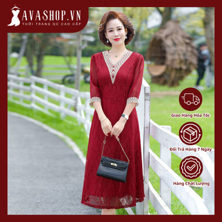 Đầm Dài Cổ V Thanh Lịch Phối Ren Cho Mẹ VH26