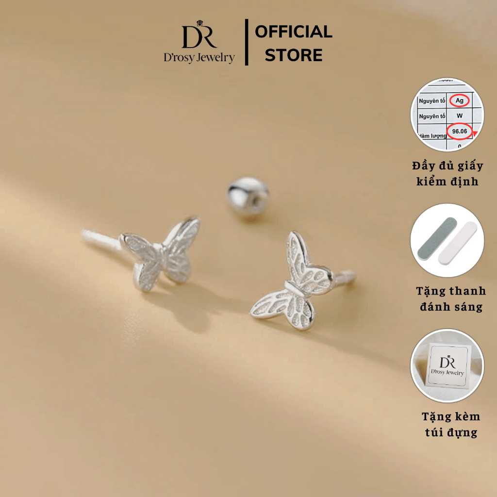 Khuyên tai bạc nữ S925 (1 đôi) D’ROSY kiểu dáng hồ điệp mini chốt vặn ...