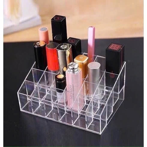 KHAY ĐỰNG SON NHỰA MIKA TRONG SUỐT CAO CẤP - Kệ Nhựa Để Bàn Để Đồ Make Up,Kệ Đựng Son Môi 24 Ô Mini Sang Trọng