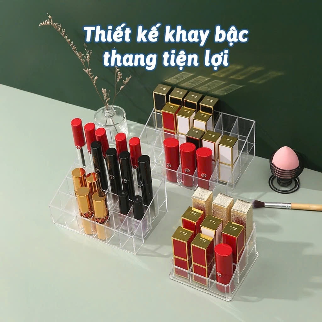 KHAY ĐỰNG SON NHỰA MIKA TRONG SUỐT CAO CẤP - Kệ Nhựa Để Bàn Để Đồ Make Up,Kệ Đựng Son Môi 24 Ô Mini Sang Trọng