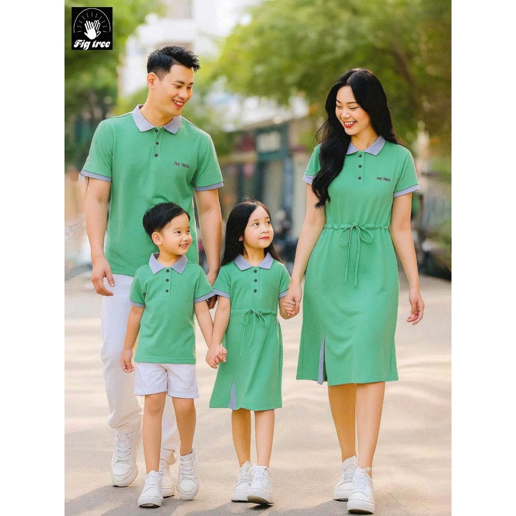 Set Gia Đình Fig Tree Thun Polo Màu Xanh Cốm Tươi Sáng Đón Hè, Chất Vải Dày Dặn, Co giãn, Nhiều size