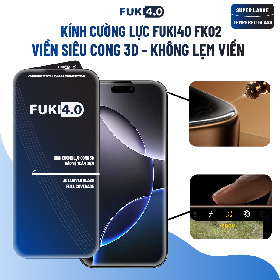 Kính cường lực cho iphone 17 promax 16 15 pro 14 prm 13 12 x plus air không lẹm viền siêu cong full màn 99% FUKI40 FK02