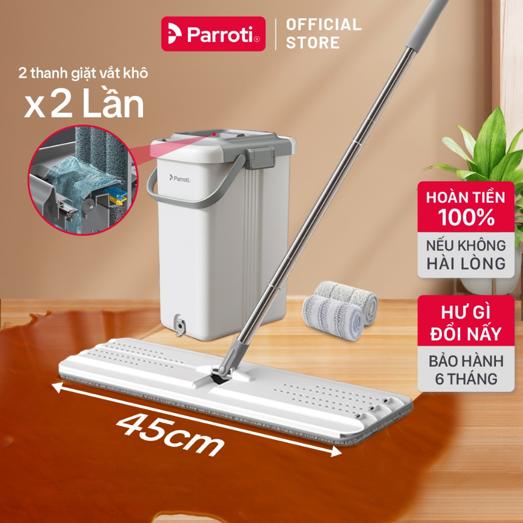 Cây lau nhà tự vắt thông minh, bộ lau nhà công nghiệp có thùng vắt, bàn lau 45cm, lau sạch khô nhanh  Parroti Ultra PU45