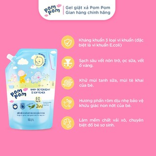 Combo 3 Túi Nước Giặt Xả Pom Pom Newborn 2.7L - An Toàn Cho Bé Sơ Sinh, Sạch Sâu Vết Nôn Trớ Ọc Sữa, Hương Phấn Rôm NB27