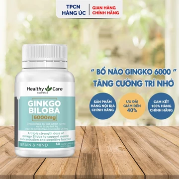 Viên uống bổ não Healthy Care Ginkgo Biloba 6000mg của Úc hỗ trợ bổ não, tăng cường trí nhớ, giảm căng thẳng 60 viên