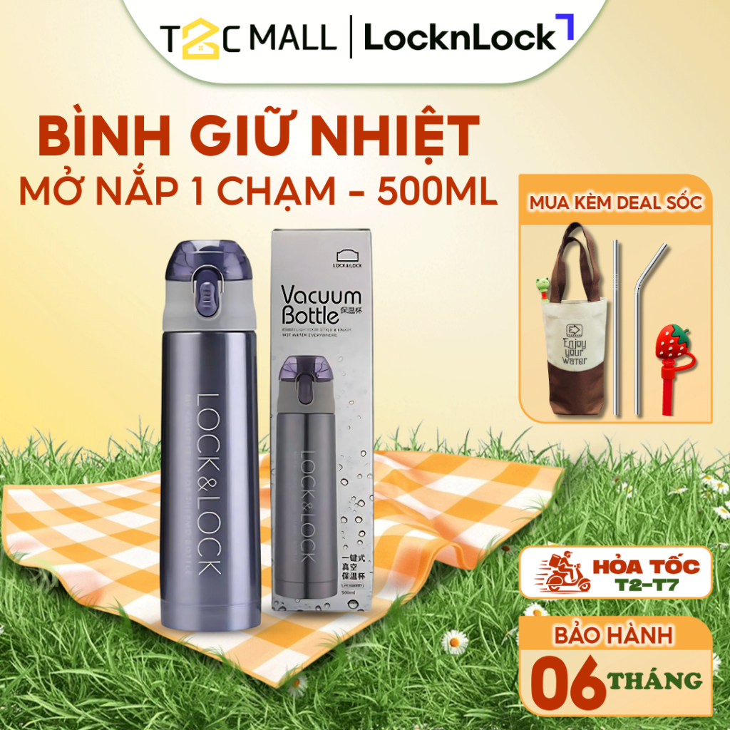 Bình Giữ Nhiệt LocknLock 500ML Chính Hãng Cao Cấp Màu Tím Miệng Rộng Bấm Mở 1 Chạm LHC6800FU T2CMall
