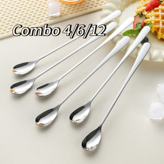 Combo 4/6/12 Chiếc Thìa Cà Phê Đá Sinh Tố 20cm Inox 304 Miệng Bầu Muỗng Thép Không Rỉ