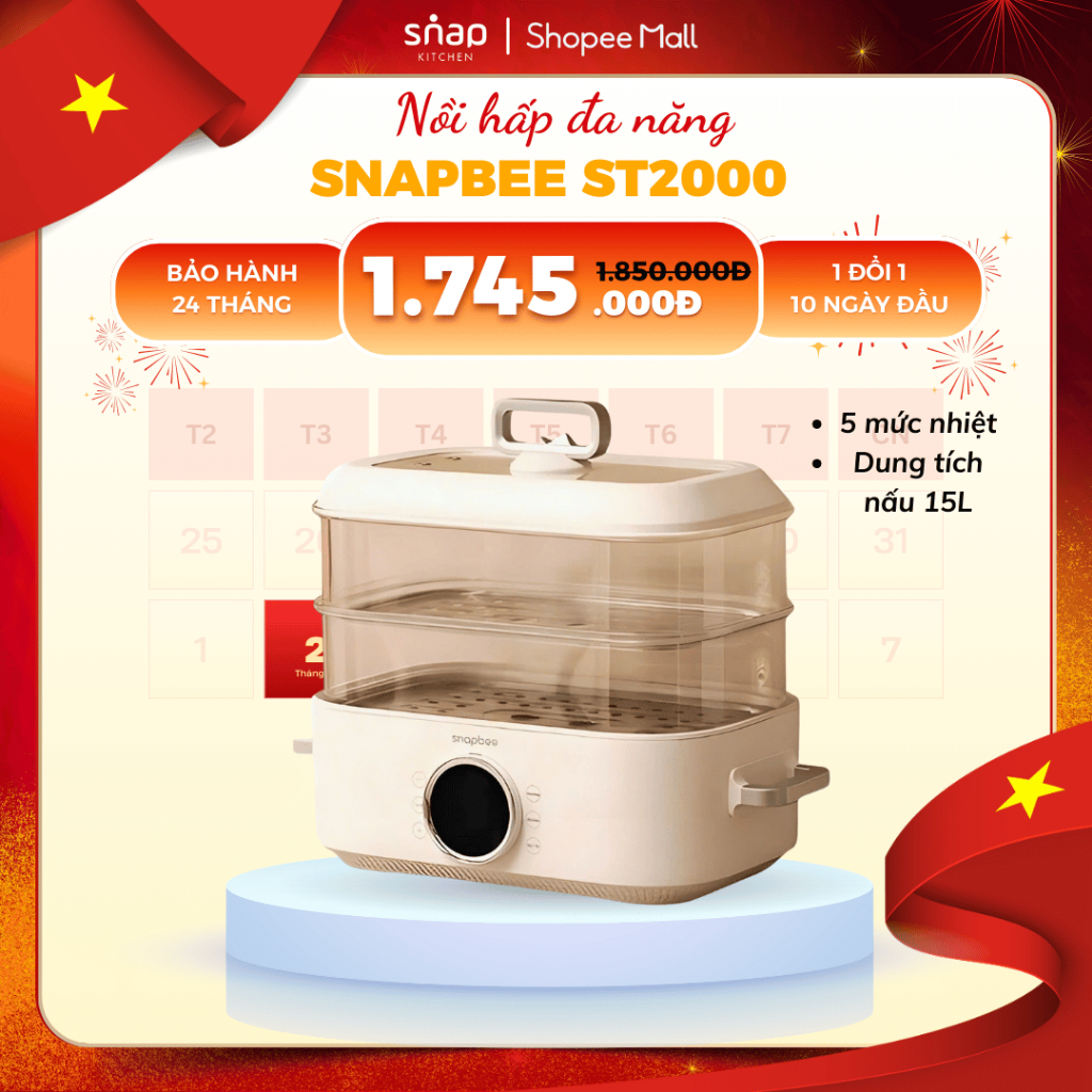Nồi Hấp Điện 3 Tầng SNAPBEE 20L Đa Năng, Kháng Khuẩn, Không Gây Mùi ...