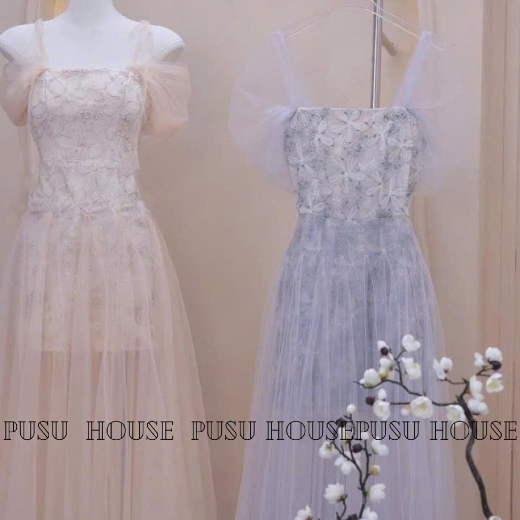 Đầm thiết kế dự tiệc ren phối lưới trễ vai hoạ tiết sang trọng nữ tính- Pusu house