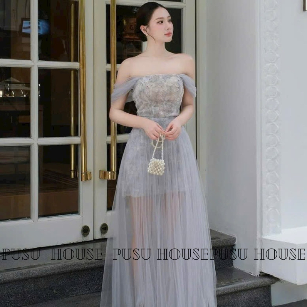 Đầm thiết kế dự tiệc ren phối lưới trễ vai hoạ tiết sang trọng nữ tính- Pusu house