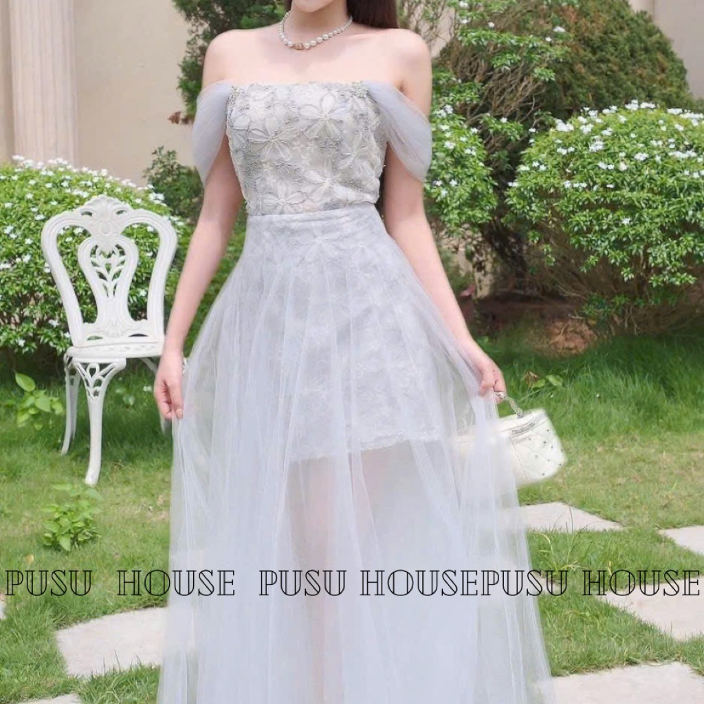Đầm thiết kế dự tiệc ren phối lưới trễ vai hoạ tiết sang trọng nữ tính- Pusu house