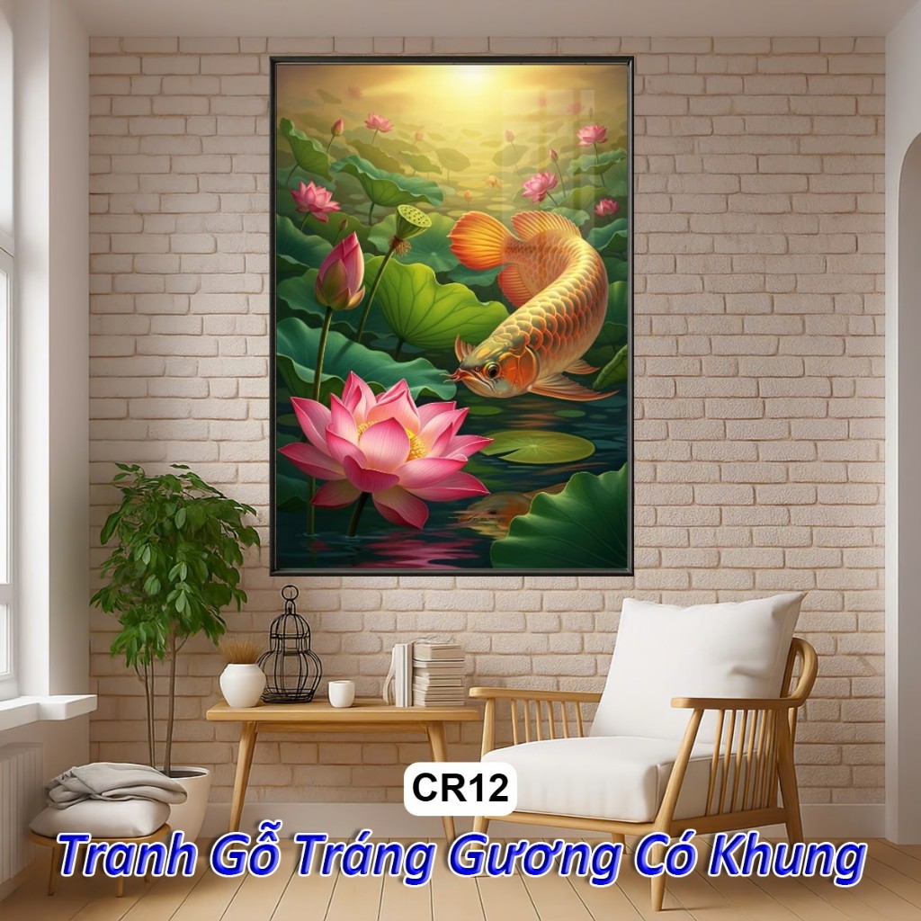 Khung Tranh Cá Rồng Hoa Sen Phong Thủy Đem Lại Tài Lộc May Mắn Sức Khỏe - Tranh Gỗ Tráng Gương Decor Tường