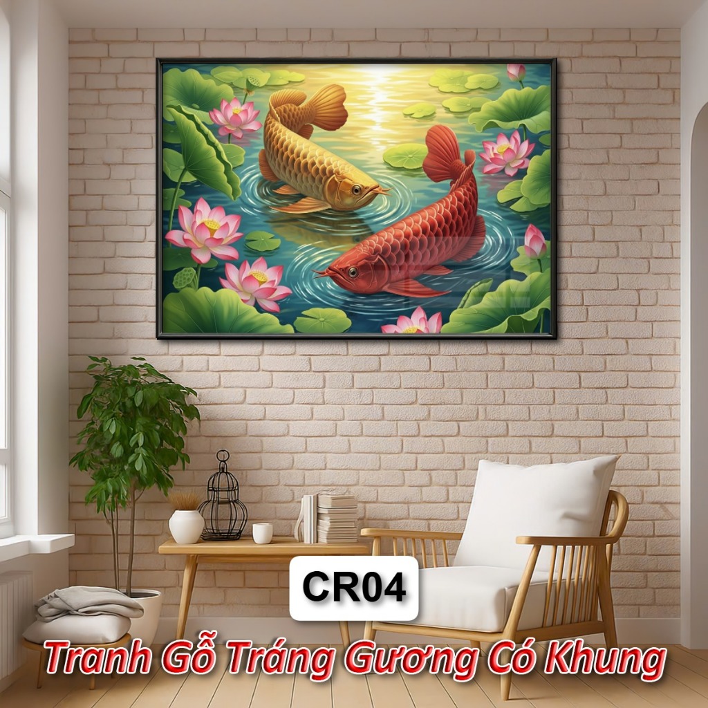 Khung Tranh Cá Rồng Hoa Sen Phong Thủy Đem Lại Tài Lộc May Mắn Sức Khỏe - Tranh Gỗ Tráng Gương Decor Tường