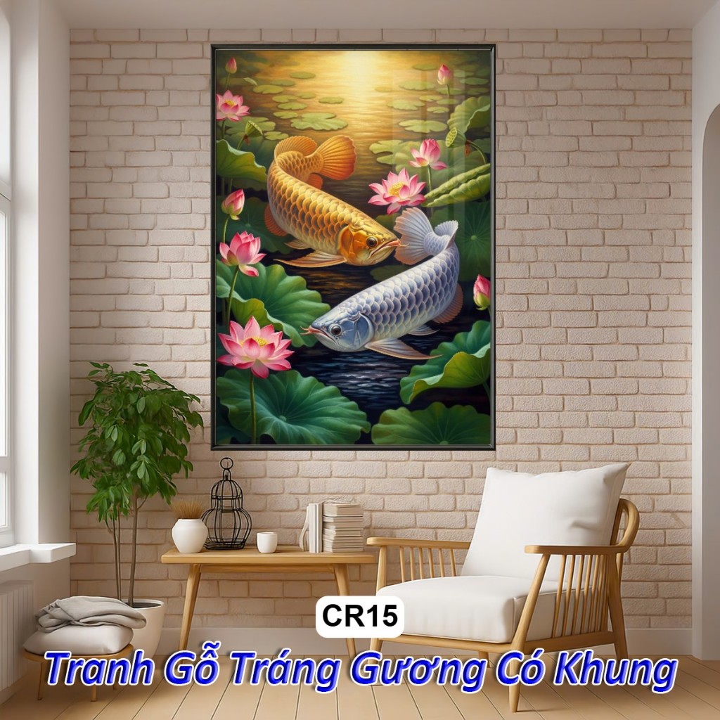 Khung Tranh Cá Rồng Hoa Sen Phong Thủy Đem Lại Tài Lộc May Mắn Sức Khỏe - Tranh Gỗ Tráng Gương Decor Tường