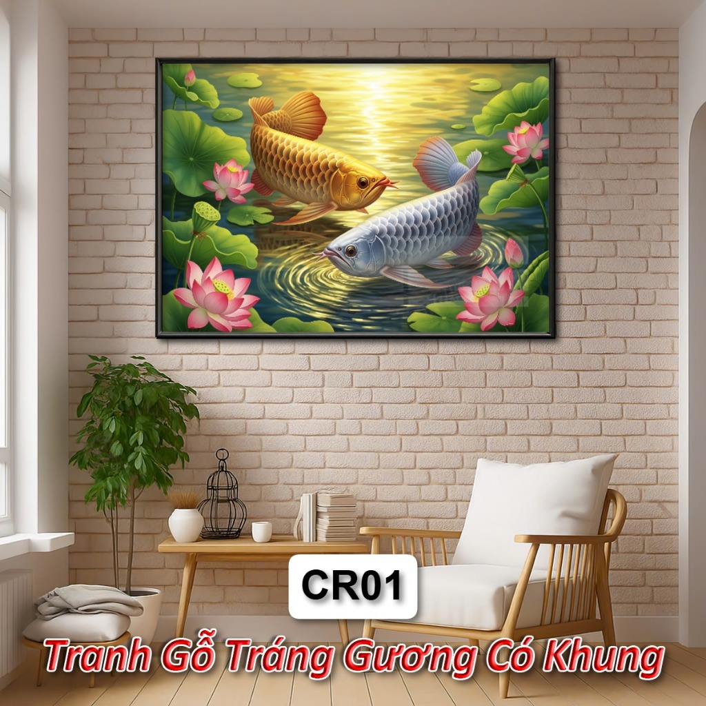 Khung Tranh Cá Rồng Hoa Sen Phong Thủy Đem Lại Tài Lộc May Mắn Sức Khỏe - Tranh Gỗ Tráng Gương Decor Tường
