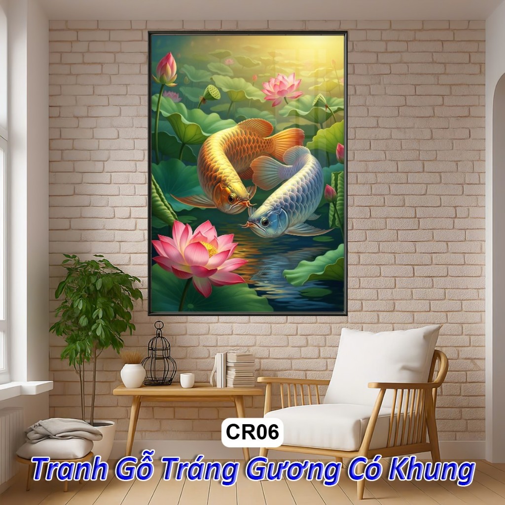 Khung Tranh Cá Rồng Hoa Sen Phong Thủy Đem Lại Tài Lộc May Mắn Sức Khỏe - Tranh Gỗ Tráng Gương Decor Tường