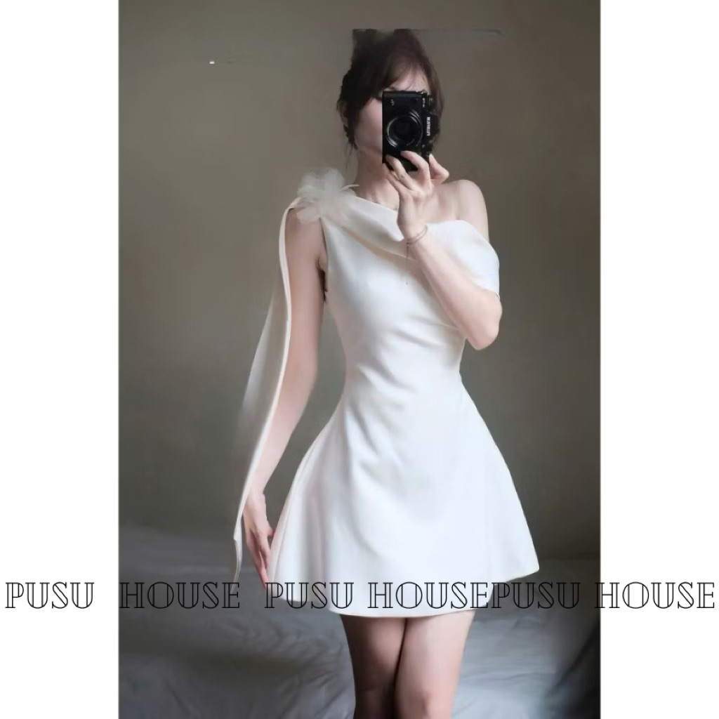 Đầm nữ dự tiệc lệch vai kèm hoa lưới tiểu thư sang trọng - Pusu house