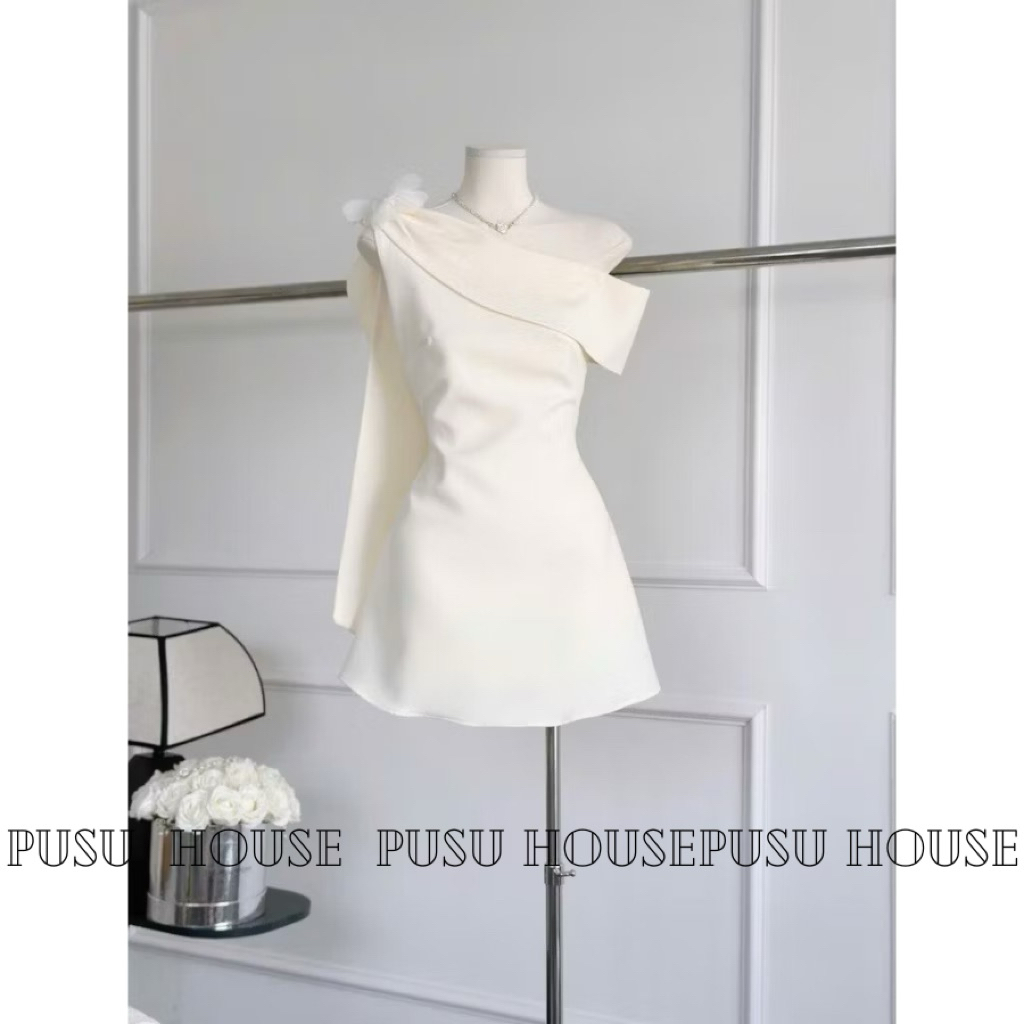 Đầm nữ dự tiệc lệch vai kèm hoa lưới tiểu thư sang trọng - Pusu house