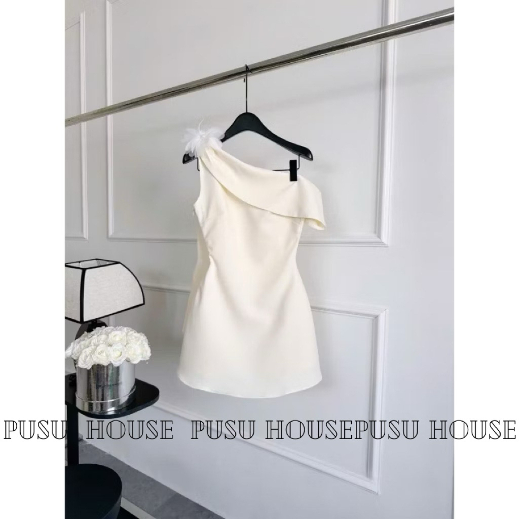 Đầm nữ dự tiệc lệch vai kèm hoa lưới tiểu thư sang trọng - Pusu house