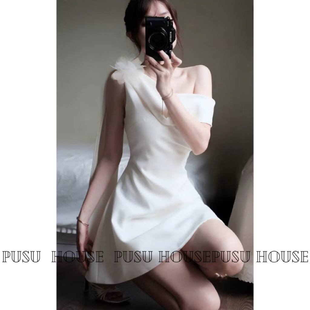 Đầm nữ dự tiệc lệch vai kèm hoa lưới tiểu thư sang trọng - Pusu house