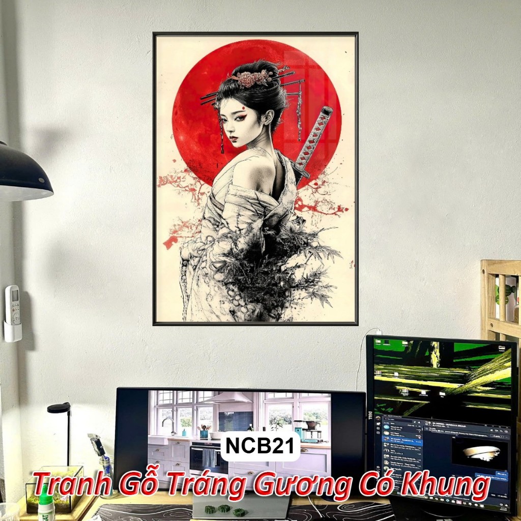 Tranh Nữ Chiến Binh Samurai Tráng Gương Khung Composite Treo Tường Decor Phòng Khách