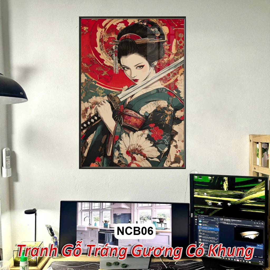 Tranh Nữ Chiến Binh Samurai Tráng Gương Khung Composite Treo Tường Decor Phòng Khách