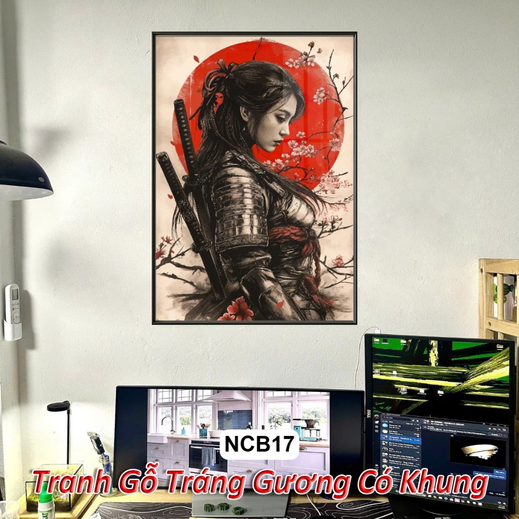 Tranh Nữ Chiến Binh Samurai Tráng Gương Khung Composite Treo Tường Decor Phòng Khách