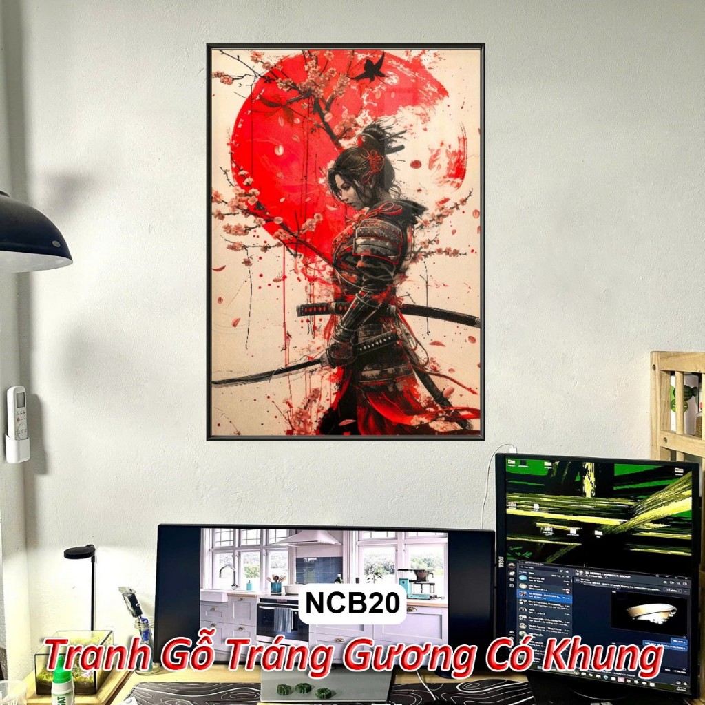 Tranh Nữ Chiến Binh Samurai Tráng Gương Khung Composite Treo Tường Decor Phòng Khách