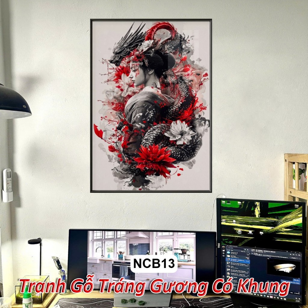 Tranh Nữ Chiến Binh Samurai Tráng Gương Khung Composite Treo Tường Decor Phòng Khách