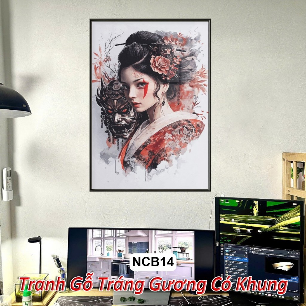 Tranh Nữ Chiến Binh Samurai Tráng Gương Khung Composite Treo Tường Decor Phòng Khách