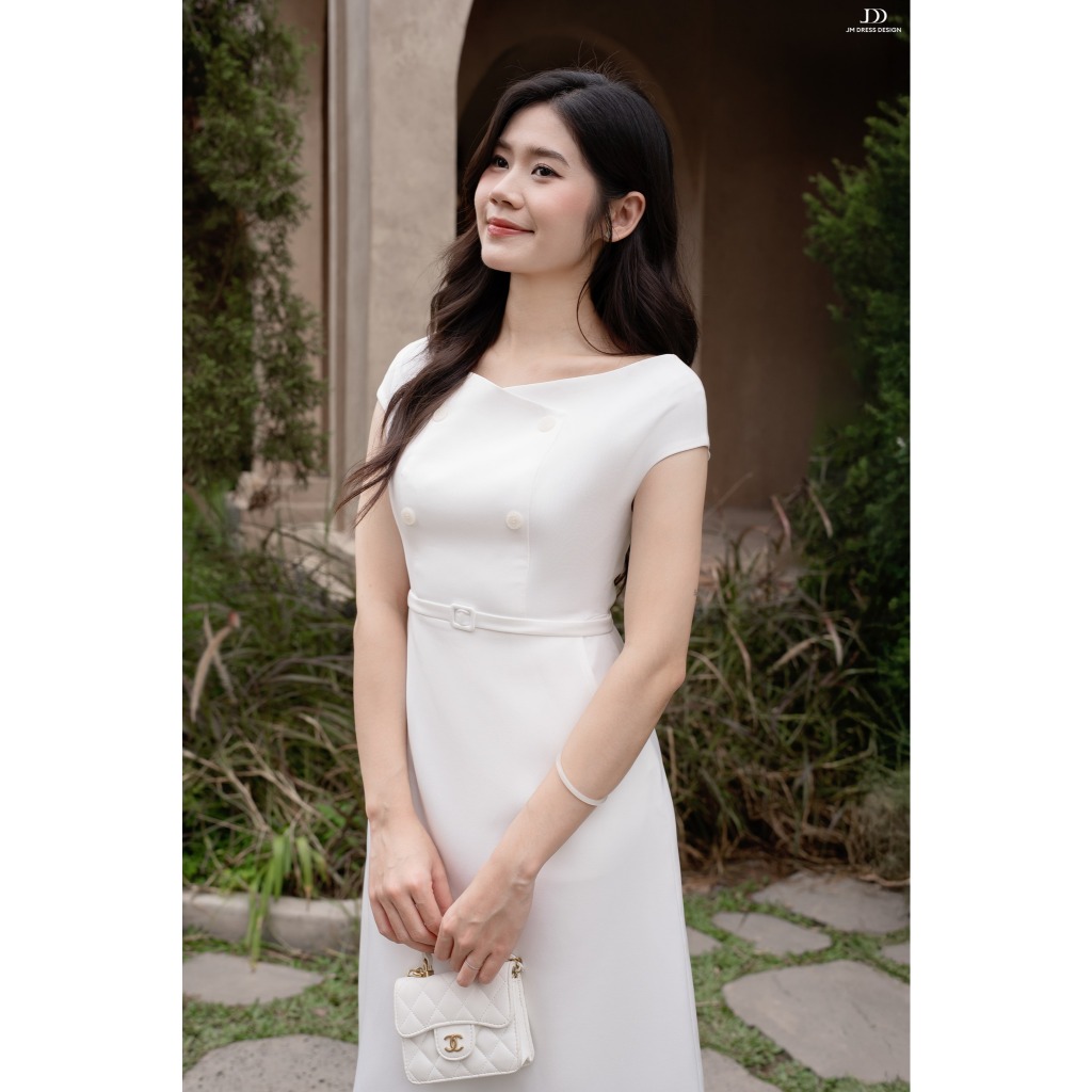 Đầm Cổ Ngang Giao 2 Hàng Khuy 1S59.2507K | Đầm A-line không tay thanh lịch công sở – Dự tiệc Thiết Kế Bởi JM Dress