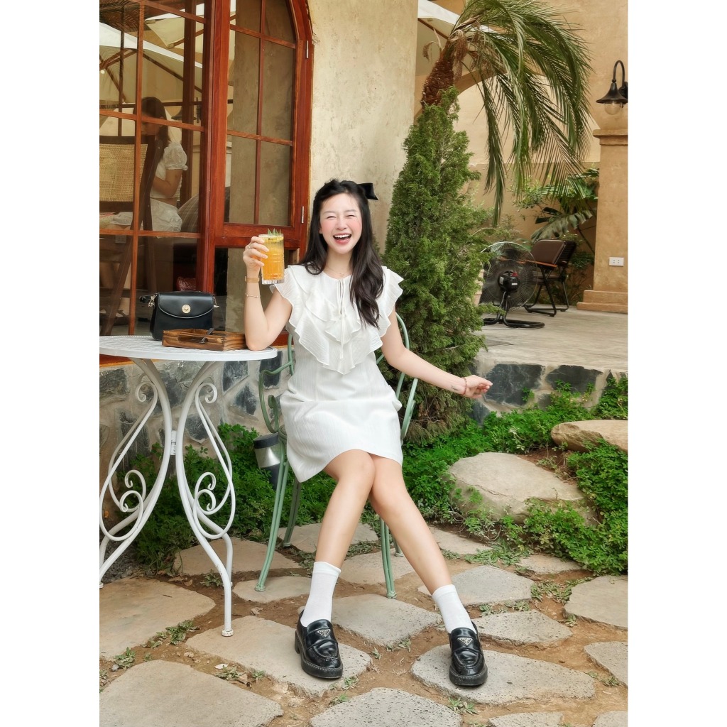 Đầm thắt nơ 2 tầng bèo đổ ngực 1S36.2504OG, Váy công sở nữ, Đầm tiểu thư dự tiệc đi chơi thiết kế bởi JM Dress Design